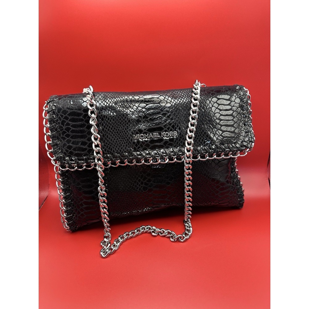 Michael Kors Chelsea Black Sneake Embossed Leather Chain Clutch Crossbody NWT